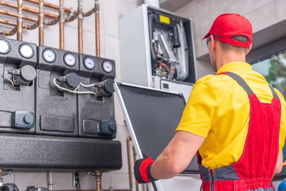 Home 3 An image of an HVAC technician servicing a modern furnace system, inspecting internal components for efficient heating performance.